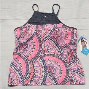 Free Country NWT Pink And Gray Geometric Patterned Tankini Swim Top Size Large